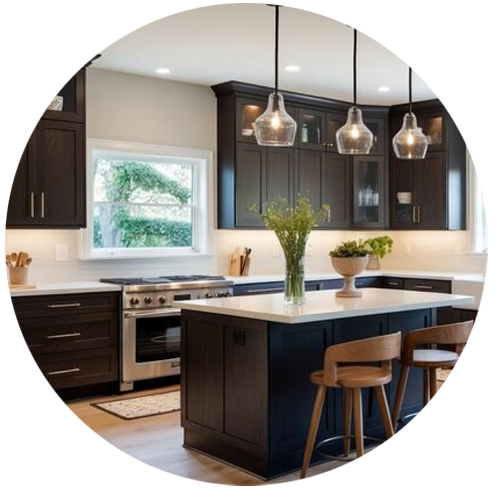 A modern kitchen with dark wood cabinets.