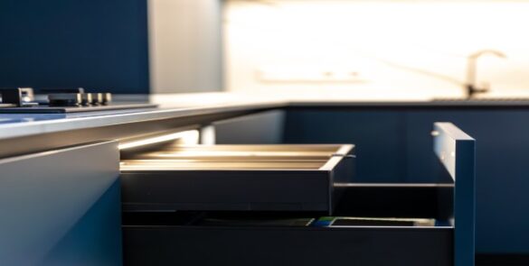 Open kitchen drawer with organizer and soft lighting.