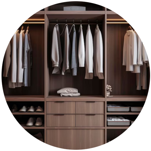 Modern dark wood walk-in closet organizer.