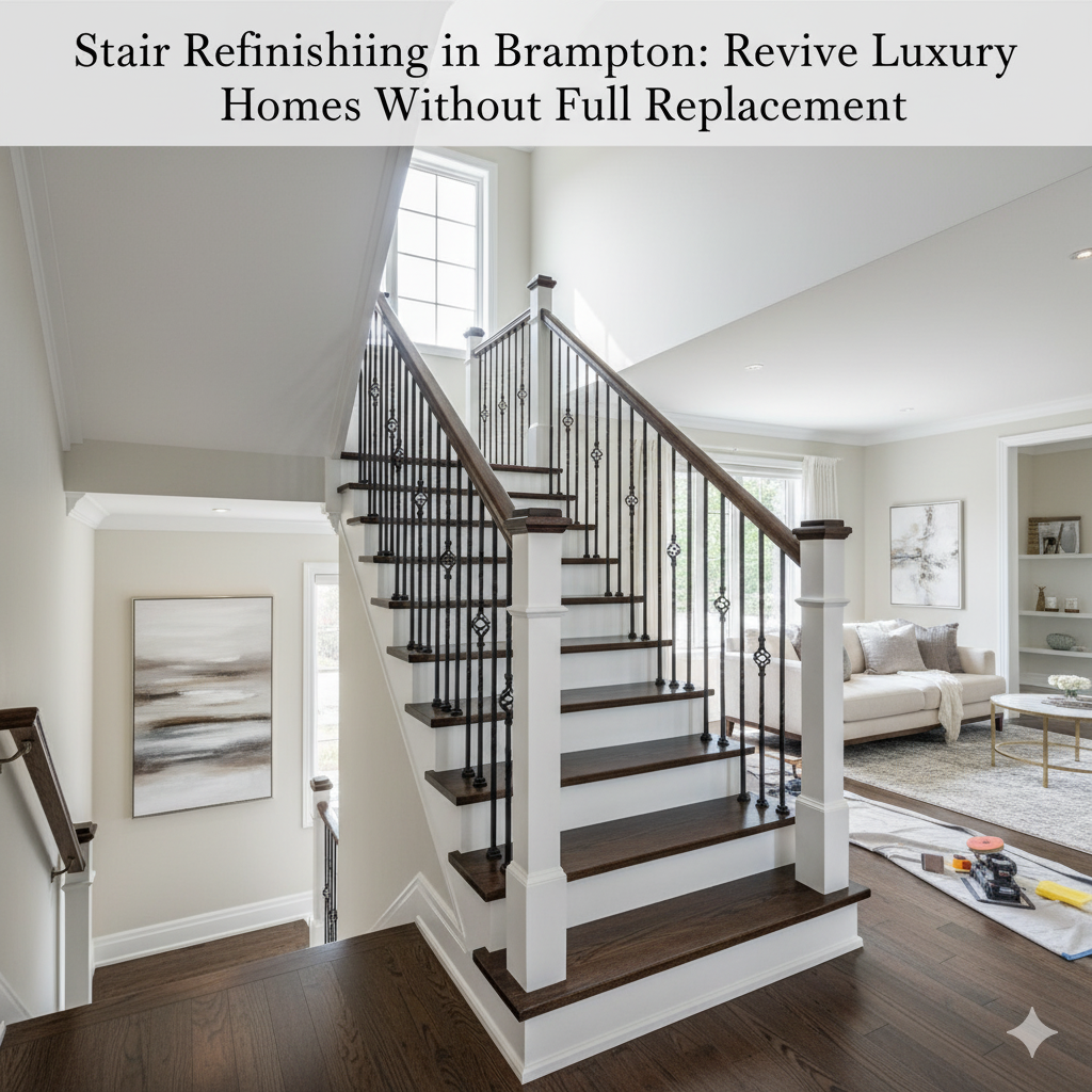 Dark wood and white luxury staircase refinishing